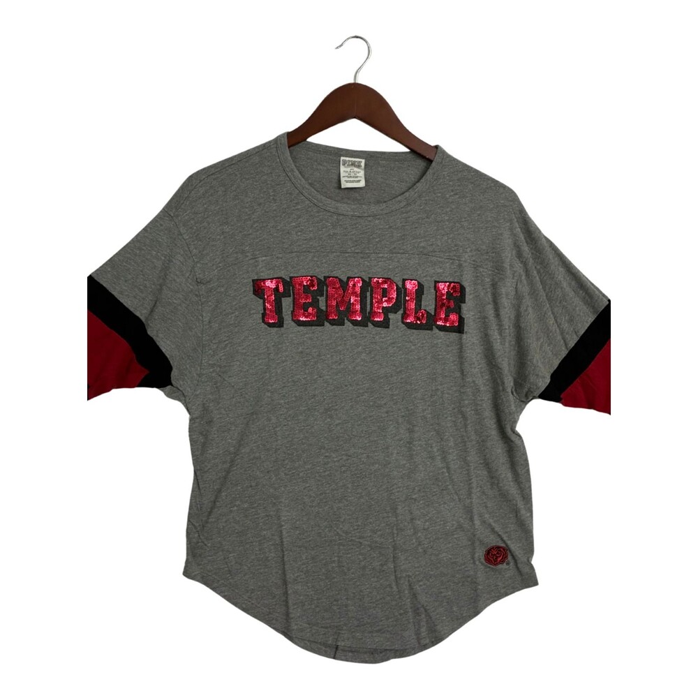 Victoria's Secret PINK Temple University Shirt XS Gray Red Black 3/4 Sleeve
